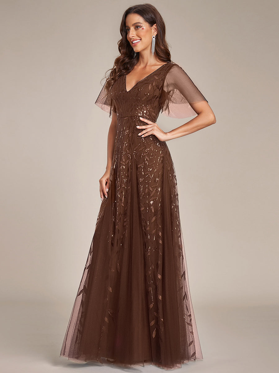 Color=Brown | Wholesale Pricing Short Sleeve Ruffle Sequin Deep V-Neck A-Line Floor Length Evening Dresses-Brown 5