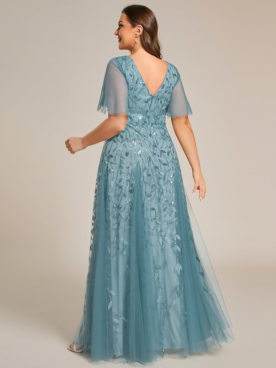 Color=Light Teal | Deep V Neck Wholesale Sequin Evening Gown With Short Sleeves-Dusty Blue
