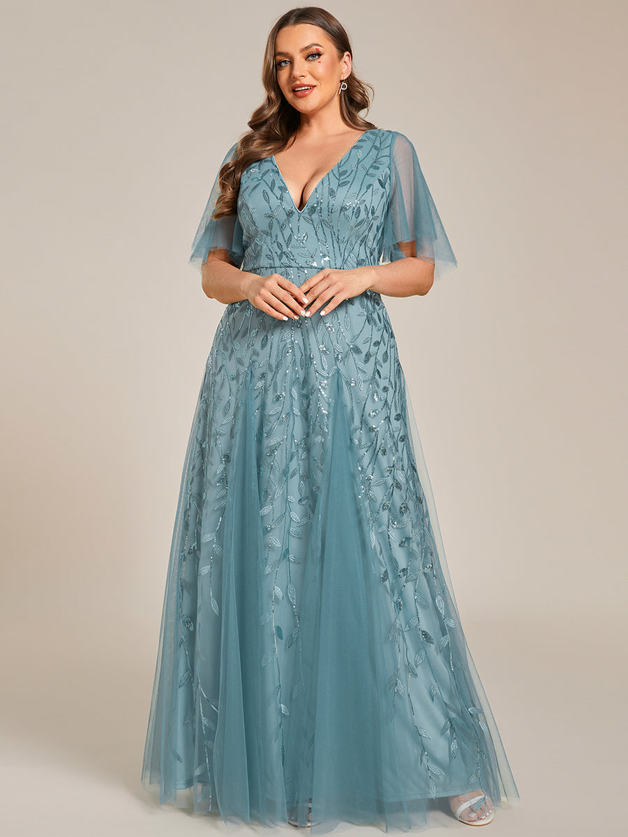 Color=Light Teal | Deep V Neck Wholesale Sequin Evening Gown With Short Sleeves-Dusty Blue