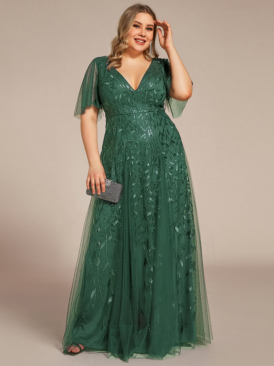 Color=Eucalyptus | Wholesale Pricing Short Sleeve Ruffle Sequin Deep V-Neck A-Line Floor Length Evening Dresses-Eucalyptus 20