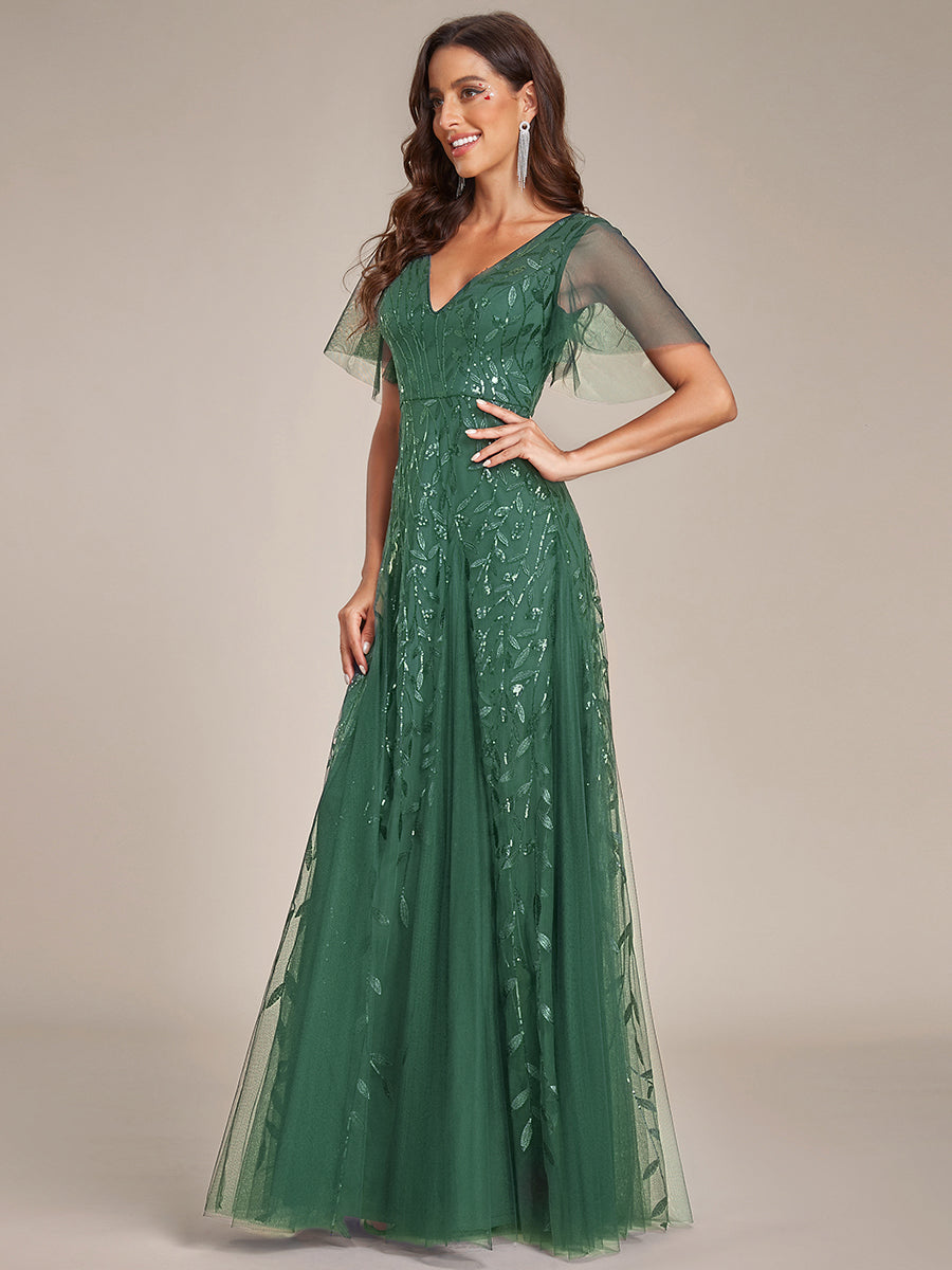 Color=Eucalyptus | Wholesale Pricing Short Sleeve Ruffle Sequin Deep V-Neck A-Line Floor Length Evening Dresses-Eucalyptus 15