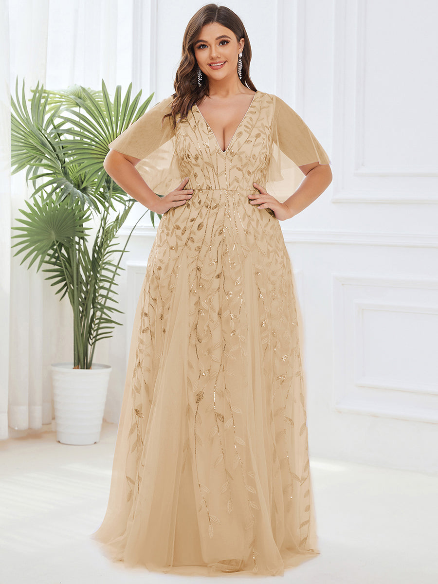 Color=Gold | Deep V Neck Wholesale Sequin Evening Gown With Short Sleeves-Gold