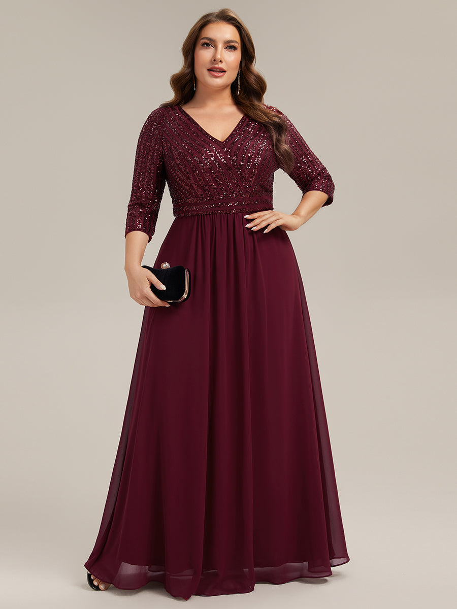 Color=Burgundy | B2B-Exclusive Half Sleeve V-Neck Sequin A-Line Floor Length Evening Dresses-Burgundy 10