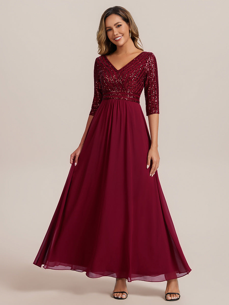 Color=Burgundy | B2B-Exclusive Half Sleeve V-Neck Sequin A-Line Floor Length Evening Dresses-Burgundy 1