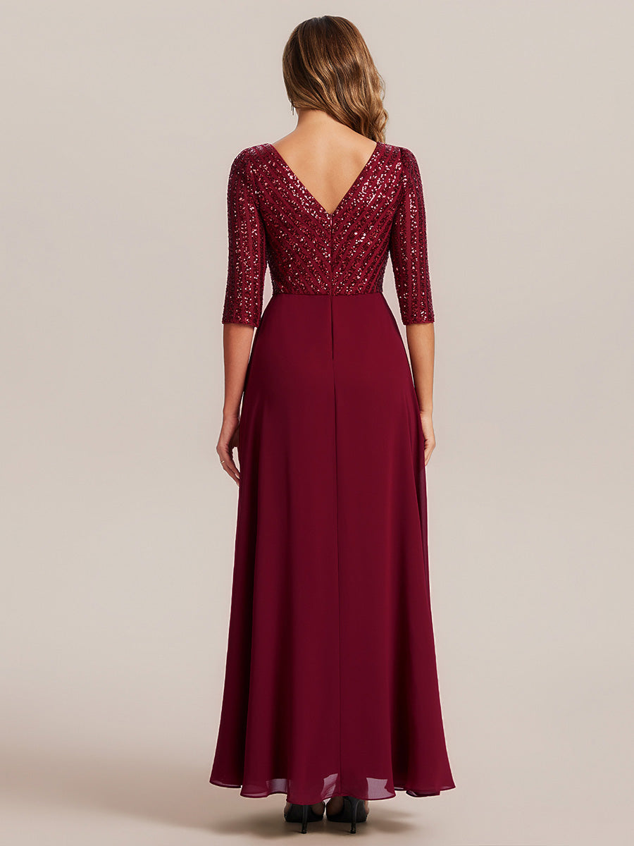 Color=Burgundy | B2B-Exclusive Half Sleeve V-Neck Sequin A-Line Floor Length Evening Dresses-Burgundy 2