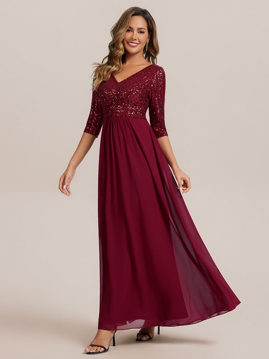 Color=Burgundy | B2B-Exclusive Half Sleeve V-Neck Sequin A-Line Floor Length Evening Dresses-Burgundy 4