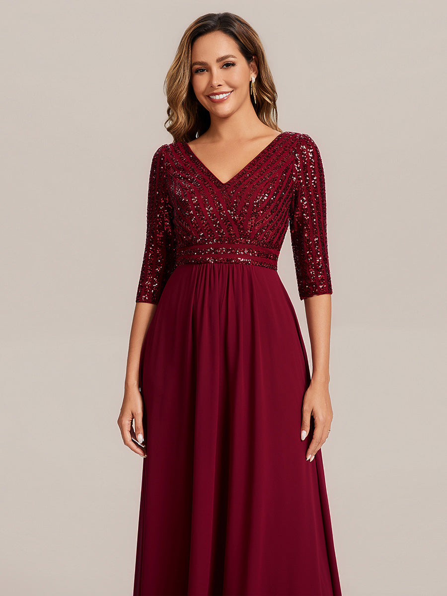 Color=Burgundy | B2B-Exclusive Half Sleeve V-Neck Sequin A-Line Floor Length Evening Dresses-Burgundy 3