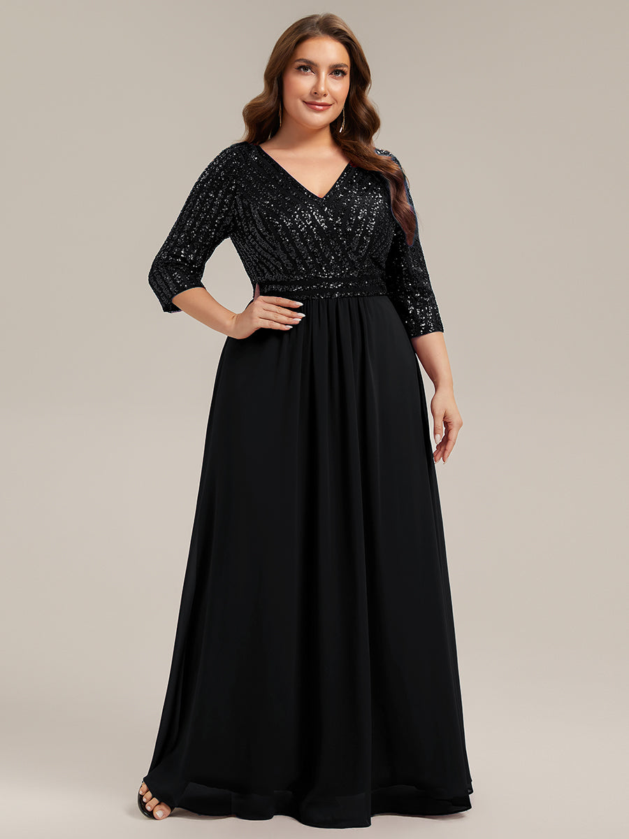 Color=Black | B2B-Exclusive Half Sleeve V-Neck Sequin A-Line Floor Length Evening Dresses-Black 16