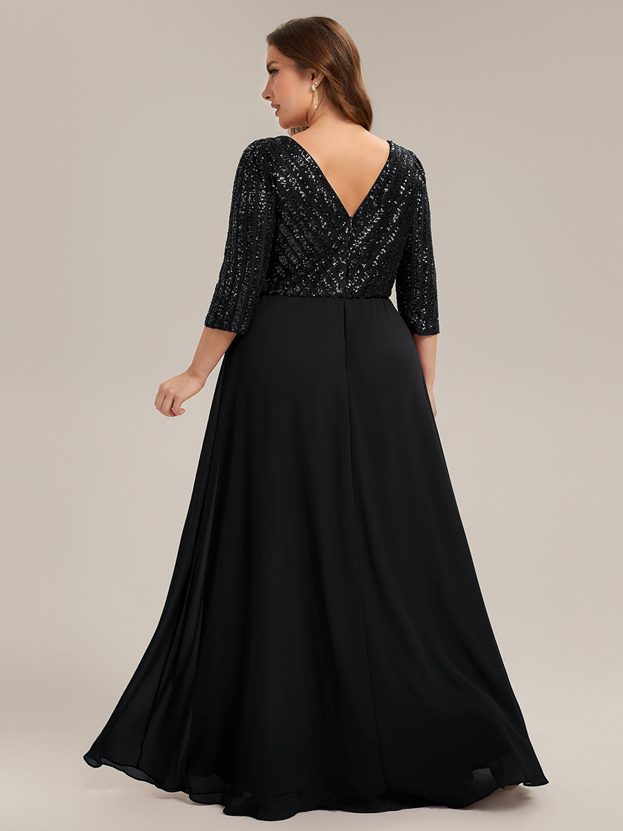 Color=Black | B2B-Exclusive Half Sleeve V-Neck Sequin A-Line Floor Length Evening Dresses-Black 17