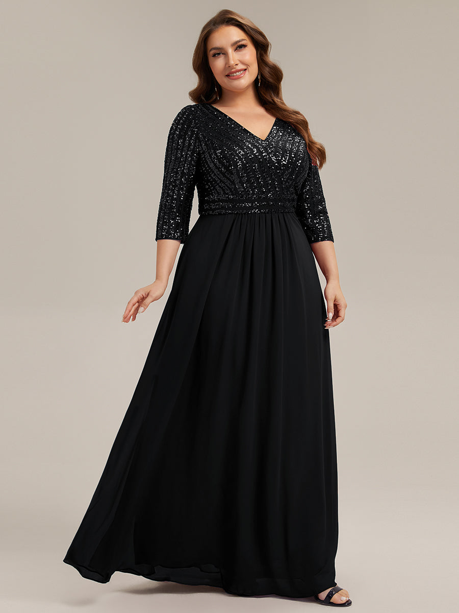 Color=Black | B2B-Exclusive Half Sleeve V-Neck Sequin A-Line Floor Length Evening Dresses-Black 19