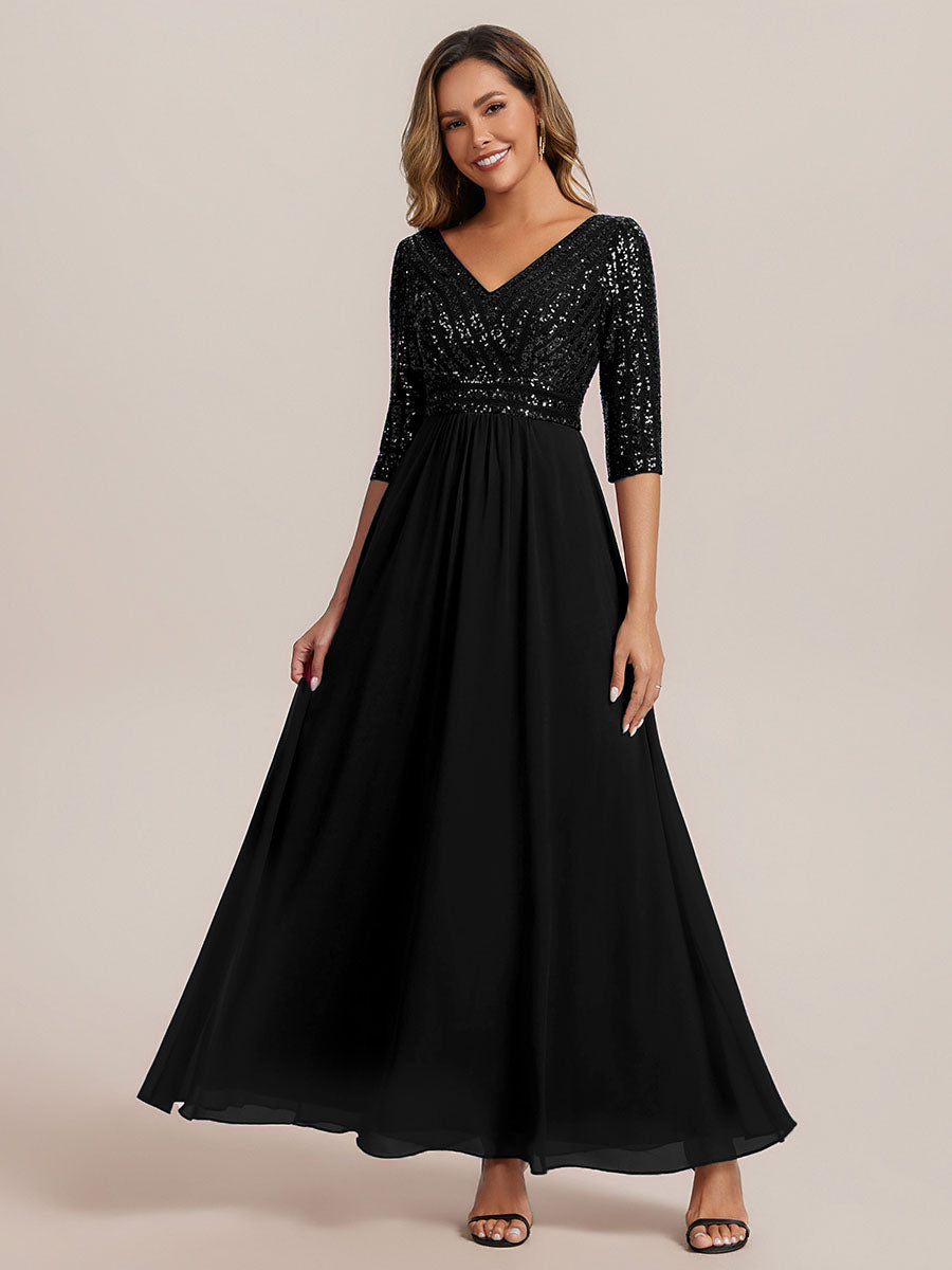 Color=Black | B2B-Exclusive Half Sleeve V-Neck Sequin A-Line Floor Length Evening Dresses-Black 11