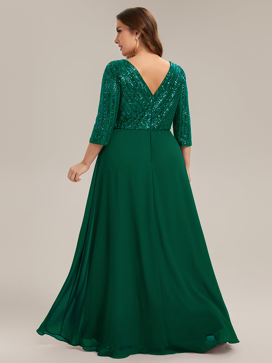 Color=Dark Green | B2B-Exclusive Half Sleeve V-Neck Sequin A-Line Floor Length Evening Dresses-Dark Green 27