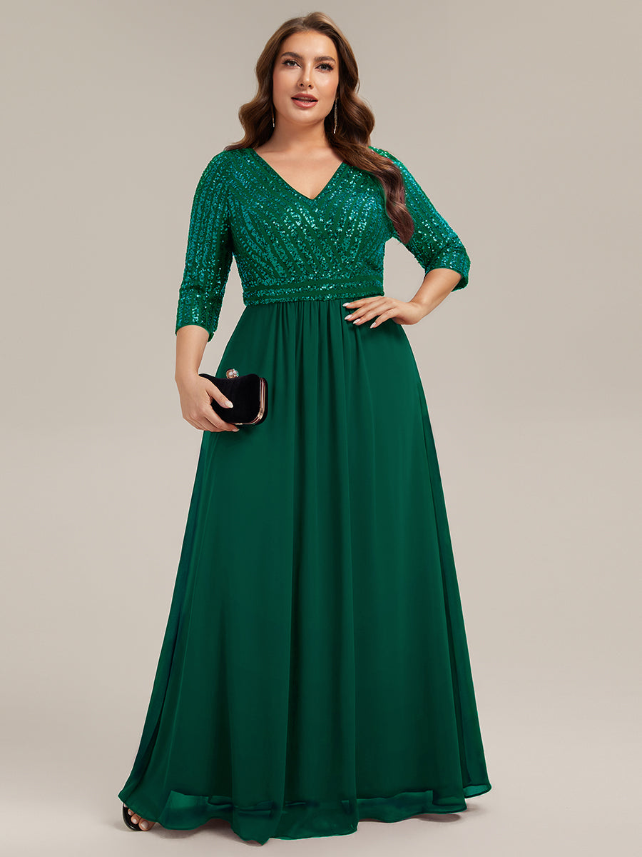 Color=Dark Green | B2B-Exclusive Half Sleeve V-Neck Sequin A-Line Floor Length Evening Dresses-Dark Green 30