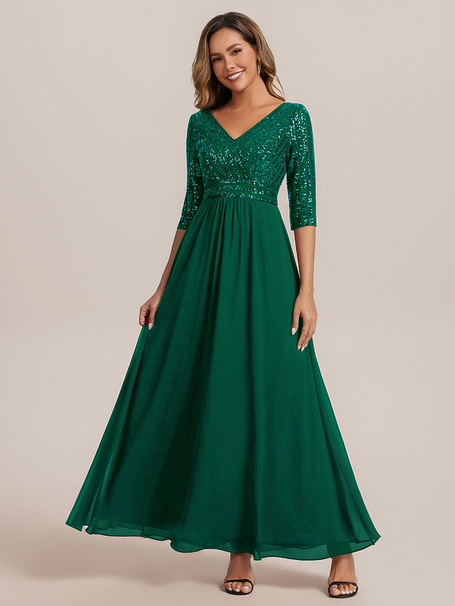 Color=Dark Green | B2B-Exclusive Half Sleeve V-Neck Sequin A-Line Floor Length Evening Dresses-Dark Green 21