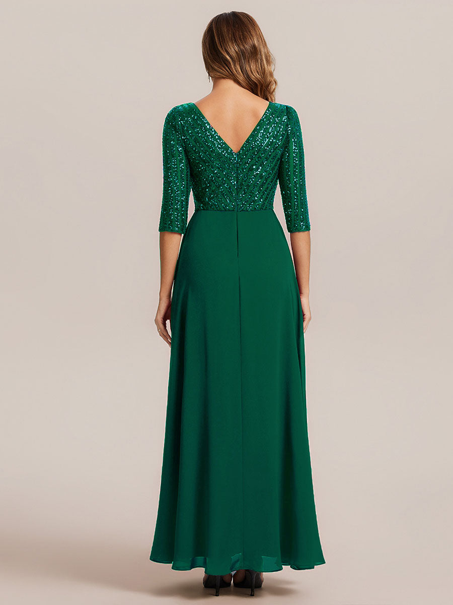 Color=Dark Green | B2B-Exclusive Half Sleeve V-Neck Sequin A-Line Floor Length Evening Dresses-Dark Green 22