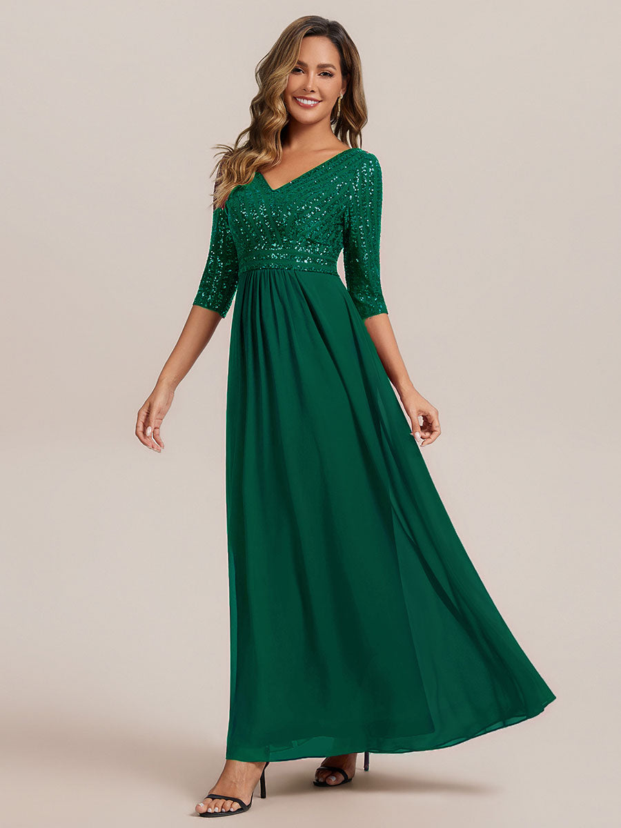 Color=Dark Green | B2B-Exclusive Half Sleeve V-Neck Sequin A-Line Floor Length Evening Dresses-Dark Green 24