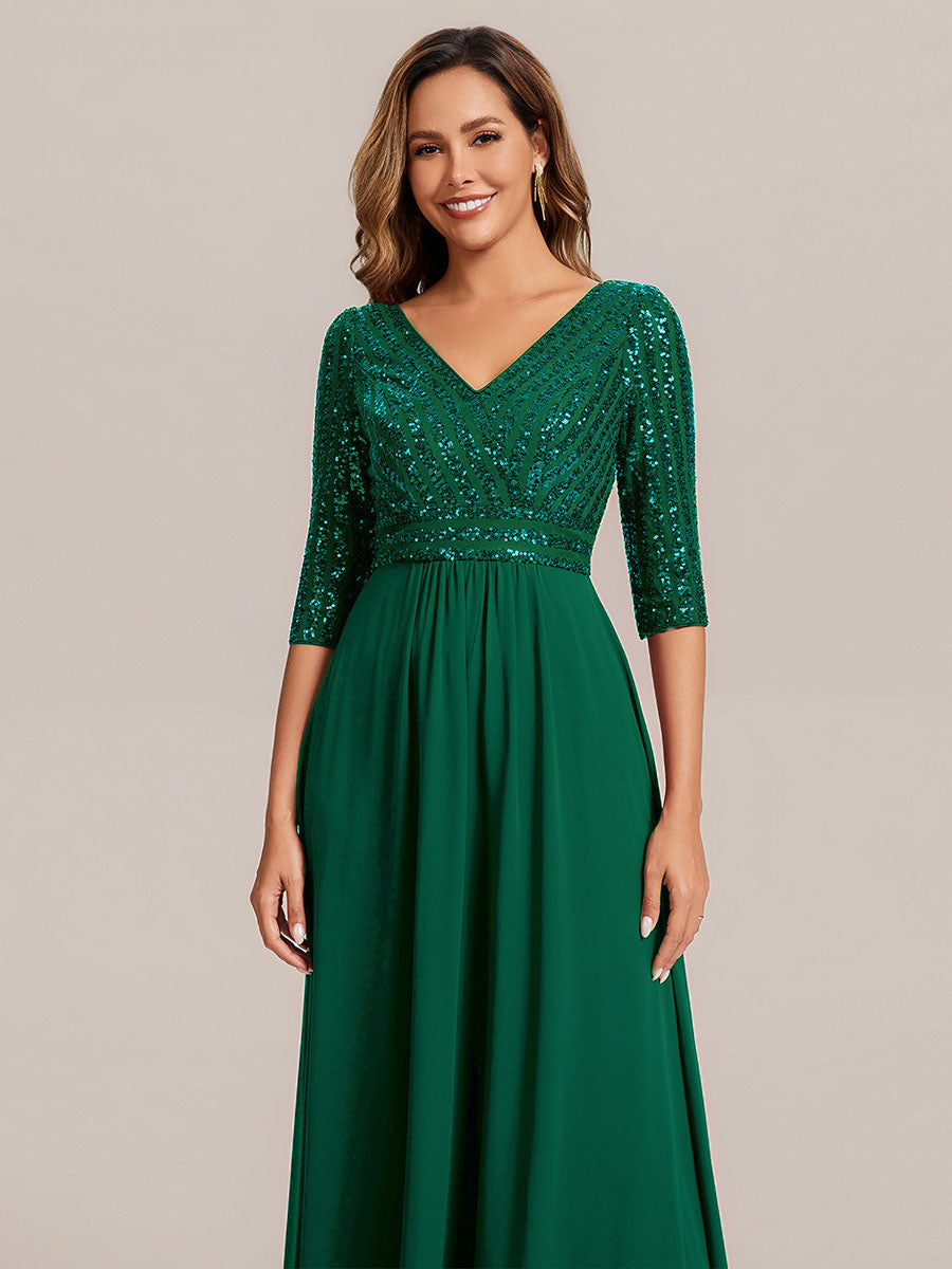 Color=Dark Green | B2B-Exclusive Half Sleeve V-Neck Sequin A-Line Floor Length Evening Dresses-Dark Green 23