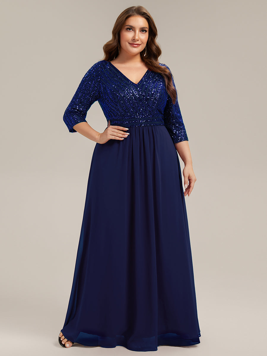 Color=Navy Blue | B2B-Exclusive Half Sleeve V-Neck Sequin A-Line Floor Length Evening Dresses-Navy Blue 36