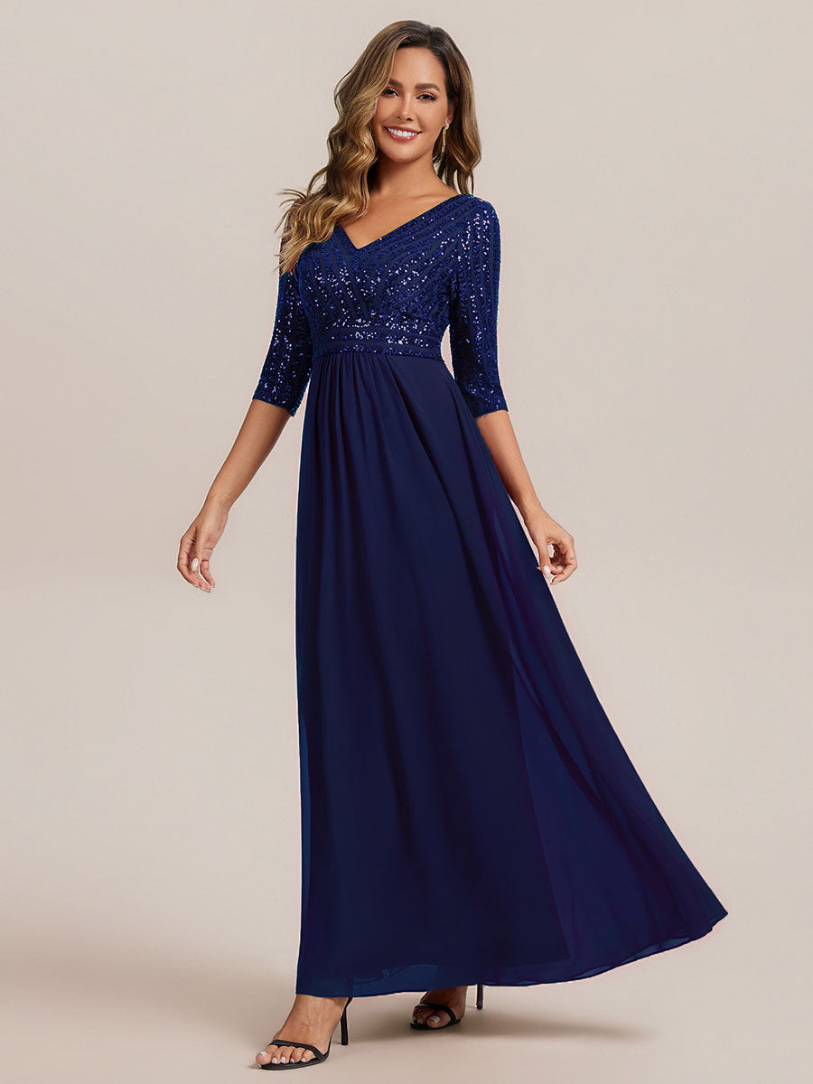 Color=Navy Blue | B2B-Exclusive Half Sleeve V-Neck Sequin A-Line Floor Length Evening Dresses-Navy Blue 34