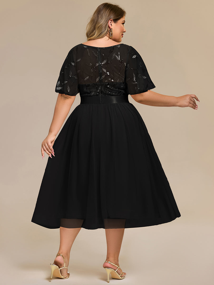 Color=Black | Bulk Order |Fit A-Line Deep V-Neck Evening Gown | Ruffled Short Sleeve Midi Dress-Black 2