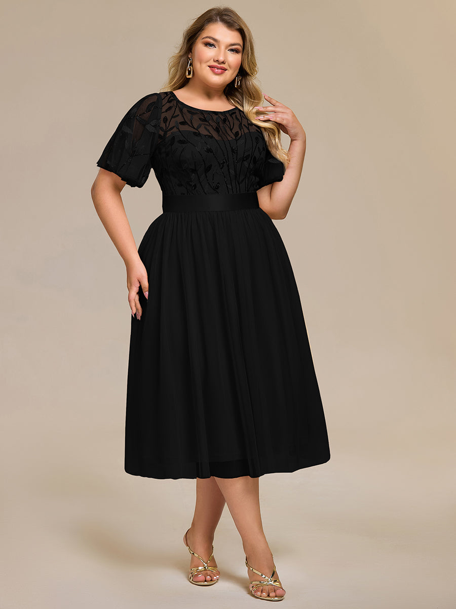Color=Black | Bulk Order |Fit A-Line Deep V-Neck Evening Gown | Ruffled Short Sleeve Midi Dress-Black 4