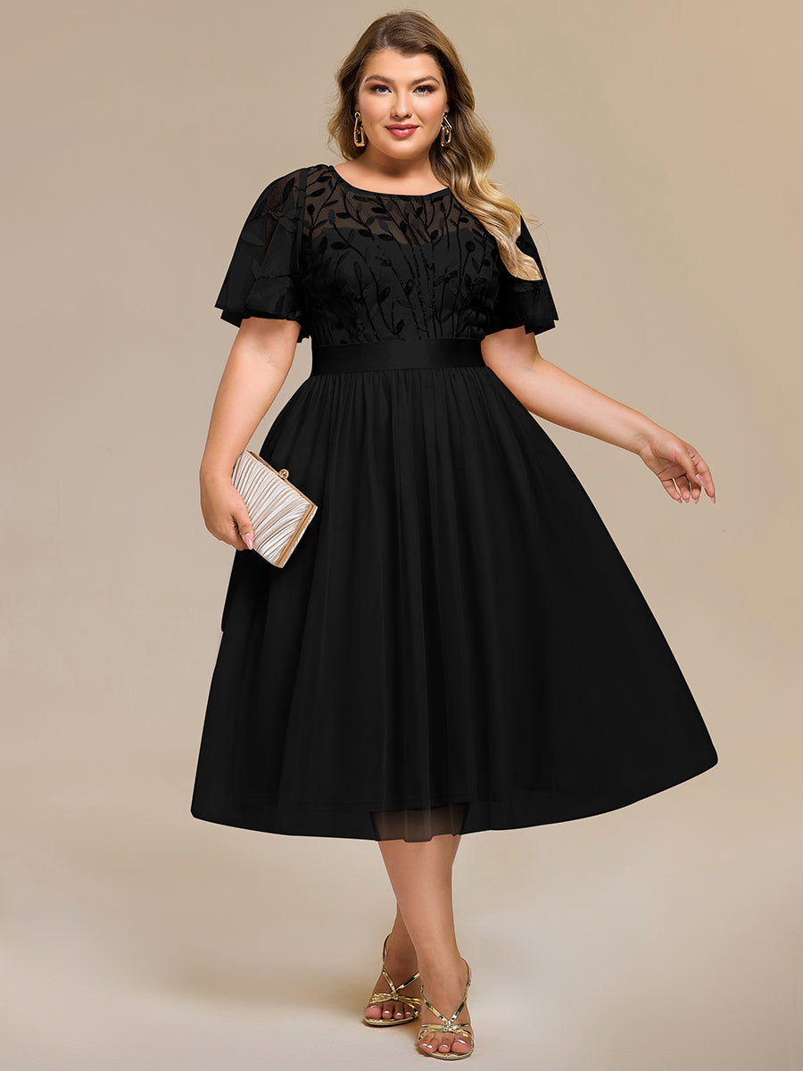Color=Black | Bulk Order |Fit A-Line Deep V-Neck Evening Gown | Ruffled Short Sleeve Midi Dress-Black 1