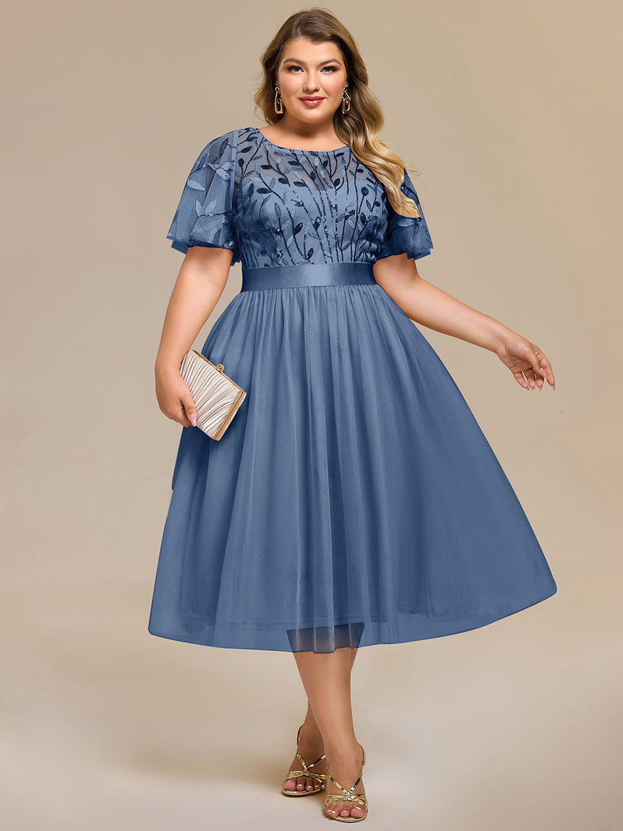 Color=Dusty Blue | Bulk Order | Fit A-Line Deep V-Neck Evening Gown | Ruffled Short Sleeve Midi Dress-Dusty Blue 6