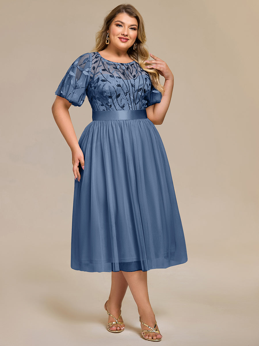 Color=Dusty Blue | Bulk Order | Fit A-Line Deep V-Neck Evening Gown | Ruffled Short Sleeve Midi Dress-Dusty Blue 10