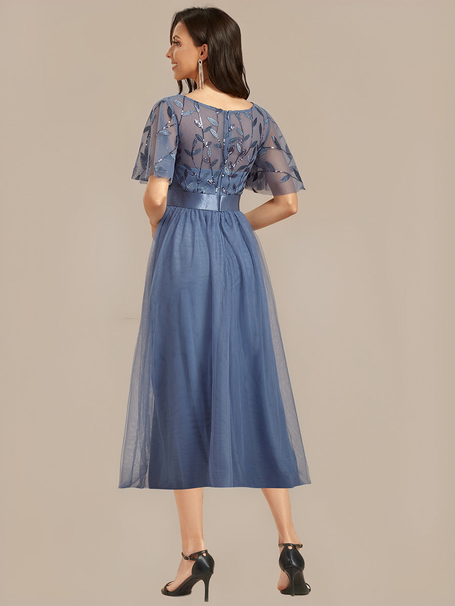 Color=Dusty Blue | Bulk Order |Fit A-Line Deep V-Neck Evening Gown | Ruffled Short Sleeve Midi Dress-Dusty Blue 7