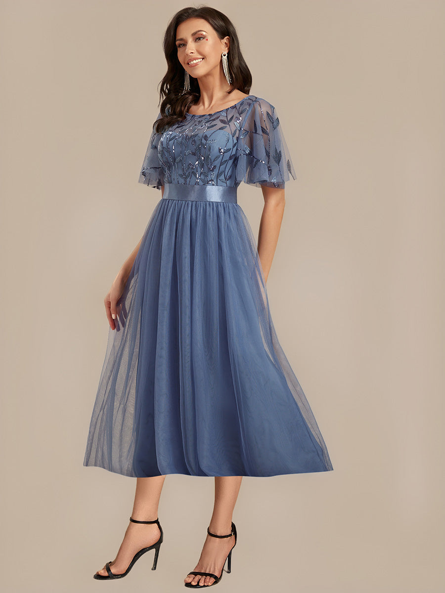 Color=Dusty Blue | Bulk Order |Fit A-Line Deep V-Neck Evening Gown | Ruffled Short Sleeve Midi Dress-Dusty Blue 9