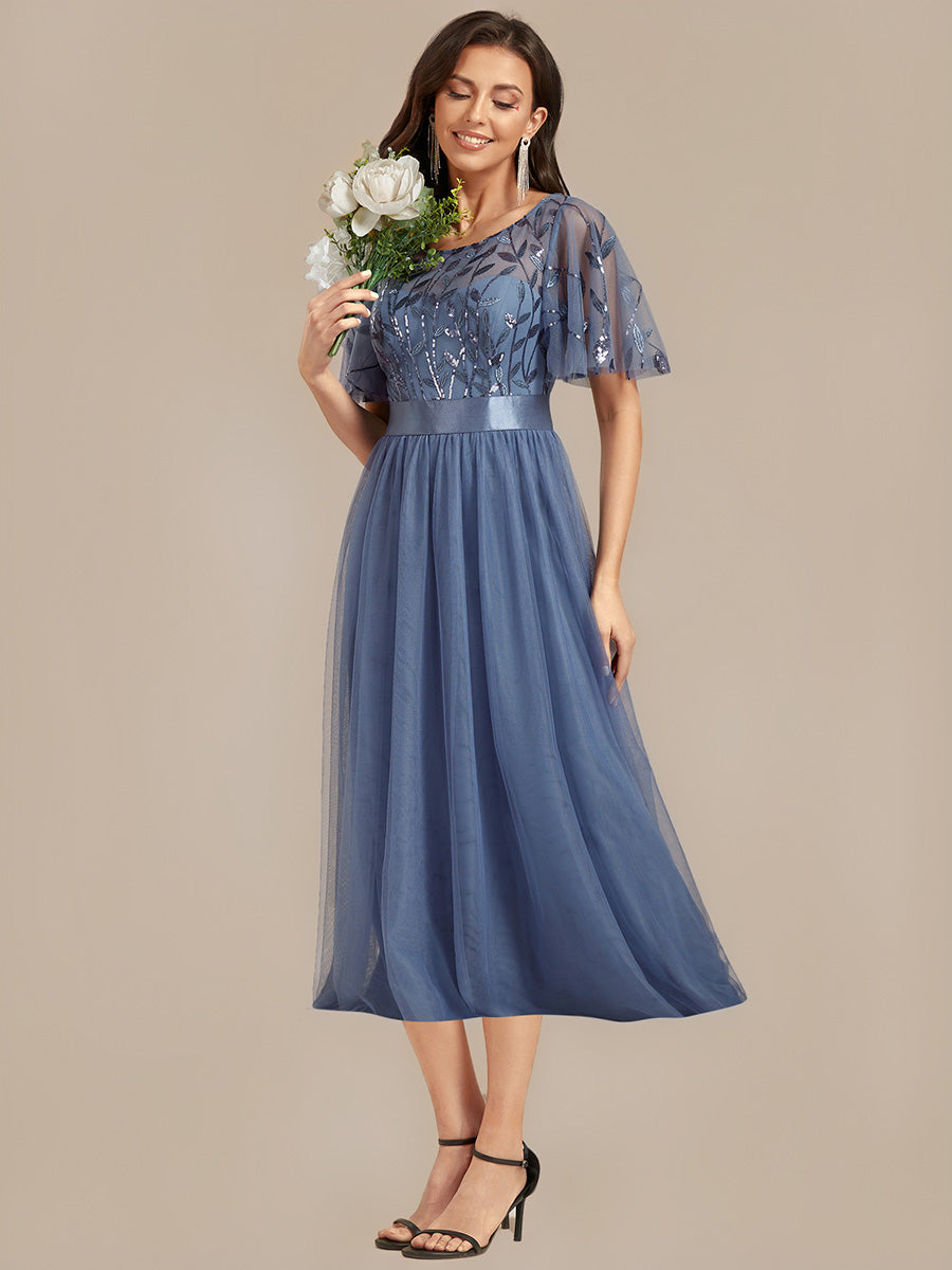 Color=Dusty Blue | Bulk Order |Fit A-Line Deep V-Neck Evening Gown | Ruffled Short Sleeve Midi Dress-Dusty Blue 10