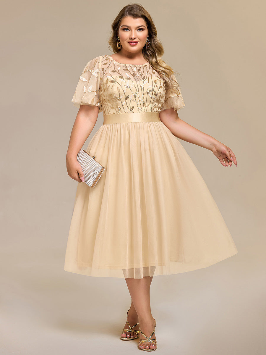 Color=Gold | Bulk Order | Fit A-Line Deep V-Neck Evening Gown | Ruffled Short Sleeve Midi Dress-Gold 11