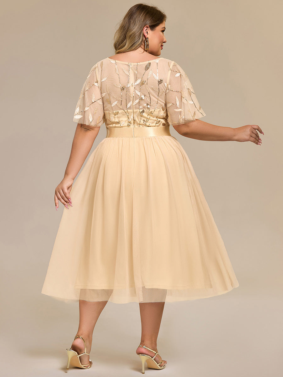 Color=Gold | Bulk Order | Fit A-Line Deep V-Neck Evening Gown | Ruffled Short Sleeve Midi Dress-Gold 12
