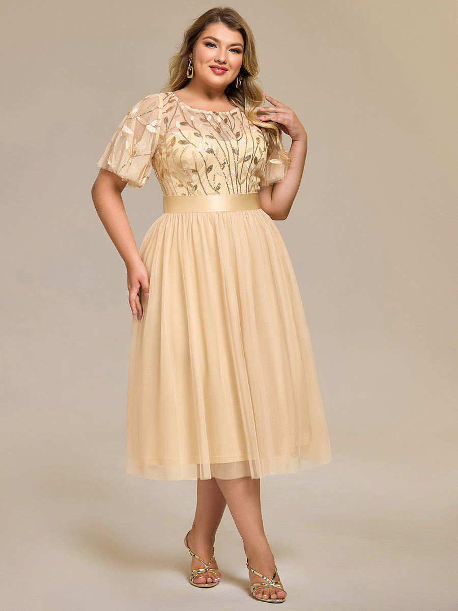 Color=Gold | Bulk Order | Fit A-Line Deep V-Neck Evening Gown | Ruffled Short Sleeve Midi Dress-Gold 14