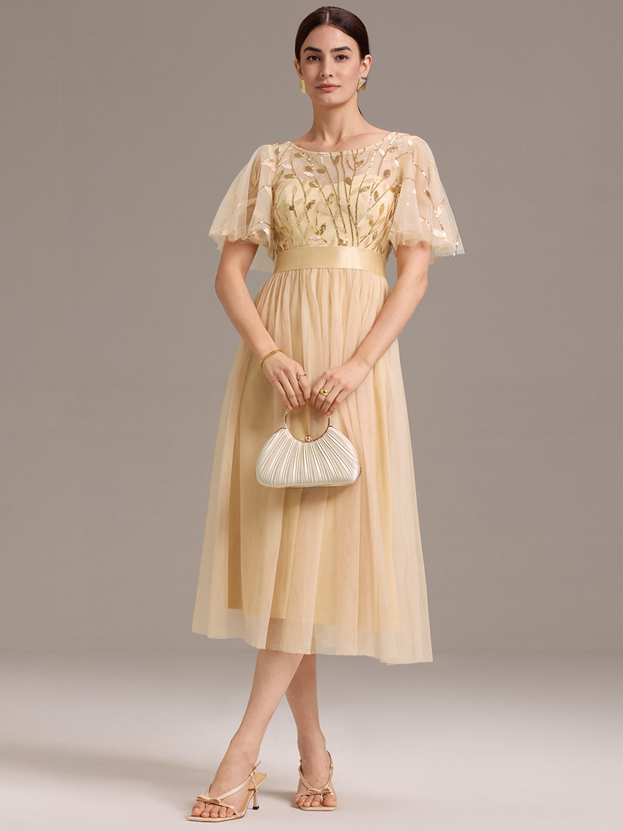 Color=Gold | Bulk Order |Fit A-Line Deep V-Neck Evening Gown | Ruffled Short Sleeve Midi Dress-Gold 11