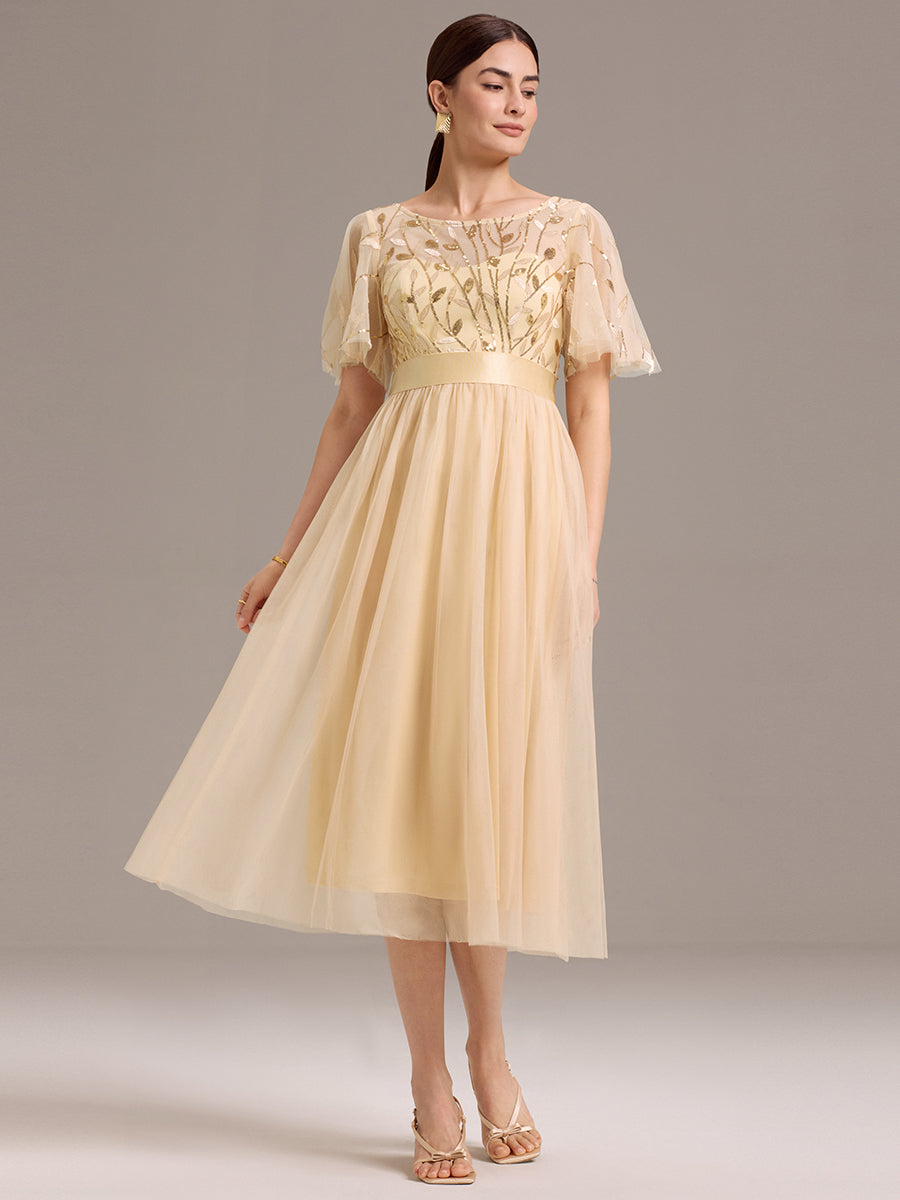 Color=Gold | Bulk Order |Fit A-Line Deep V-Neck Evening Gown | Ruffled Short Sleeve Midi Dress-Gold 14