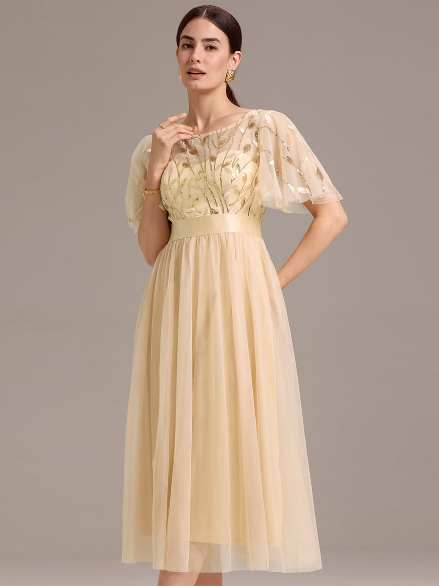 Color=Gold | Bulk Order |Fit A-Line Deep V-Neck Evening Gown | Ruffled Short Sleeve Midi Dress-Gold 15