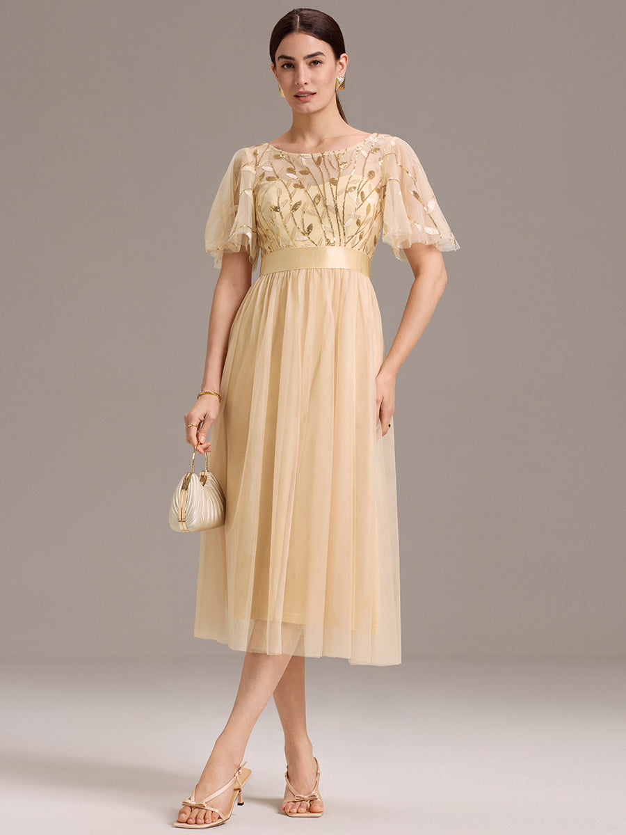 Color=Gold | Bulk Order |Fit A-Line Deep V-Neck Evening Gown | Ruffled Short Sleeve Midi Dress-Gold 13