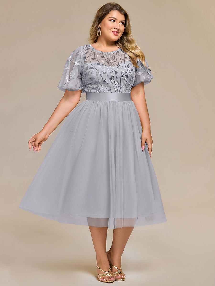 Color=Grey | Bulk Order | Fit A-Line Deep V-Neck Evening Gown | Ruffled Short Sleeve Midi Dress-Grey 20
