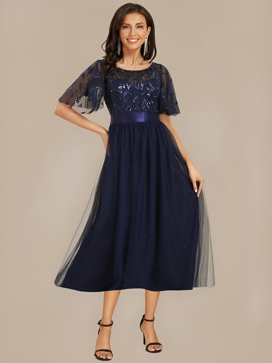 Color=Navy Blue | Bulk Order |Fit A-Line Deep V-Neck Evening Gown | Ruffled Short Sleeve Midi Dress-Navy Blue 16