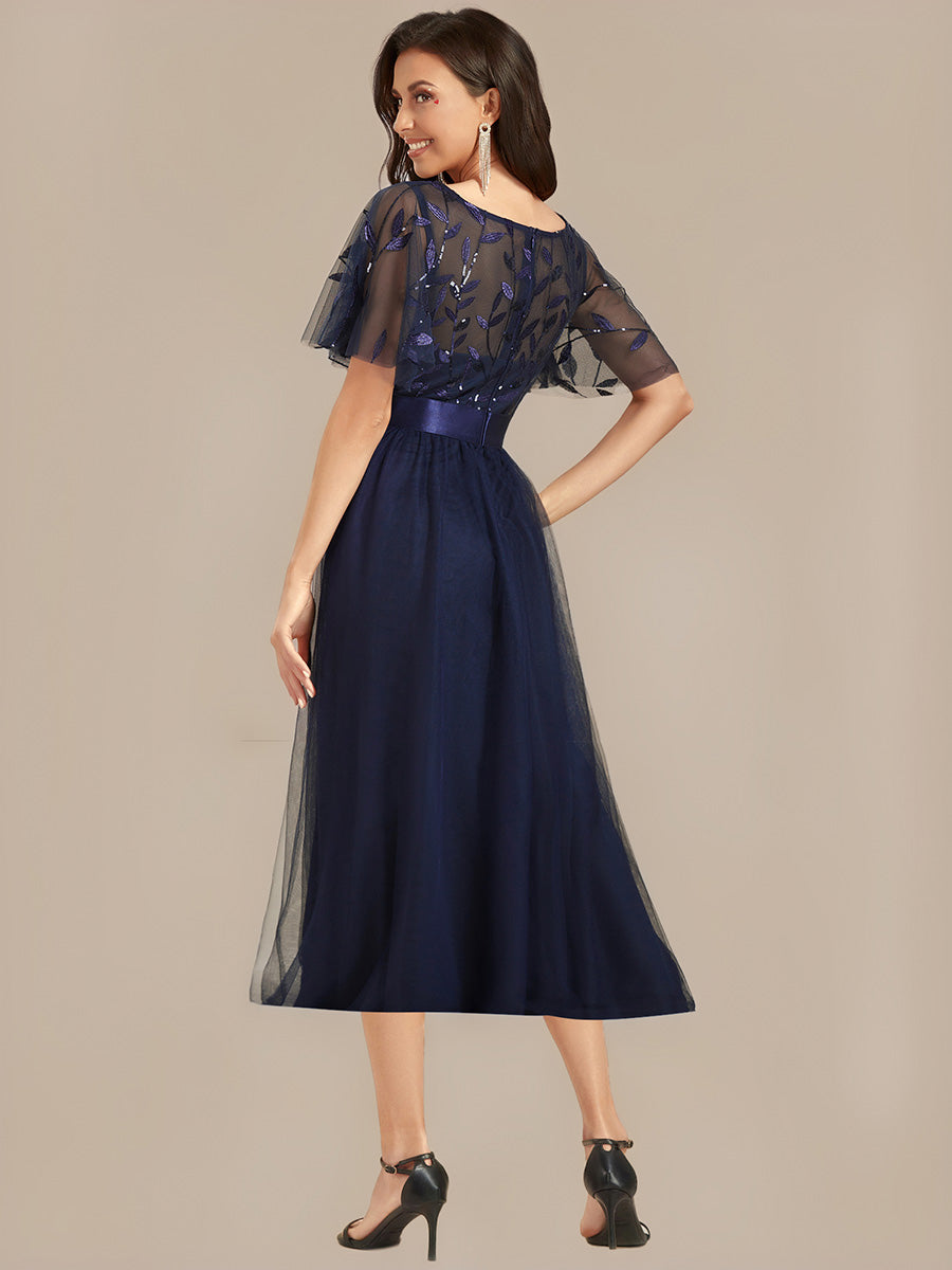 Color=Navy Blue | Bulk Order |Fit A-Line Deep V-Neck Evening Gown | Ruffled Short Sleeve Midi Dress-Navy Blue 17