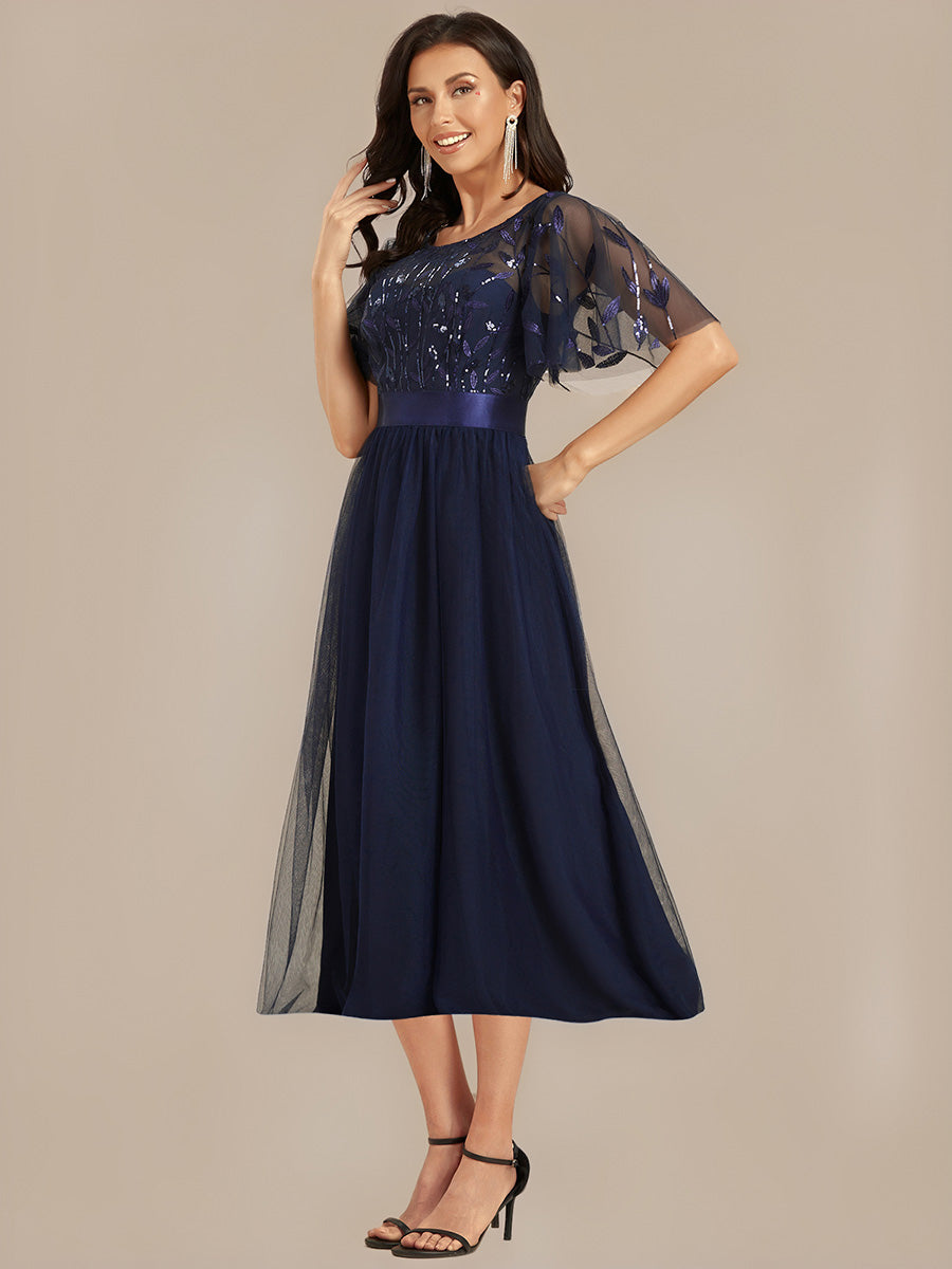 Color=Navy Blue | Bulk Order |Fit A-Line Deep V-Neck Evening Gown | Ruffled Short Sleeve Midi Dress-Navy Blue 19
