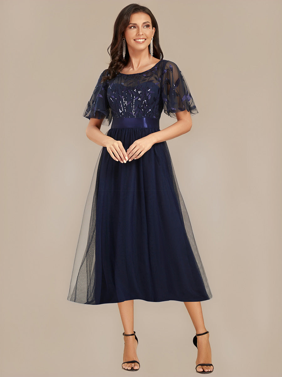 Color=Navy Blue | Bulk Order |Fit A-Line Deep V-Neck Evening Gown | Ruffled Short Sleeve Midi Dress-Navy Blue 20