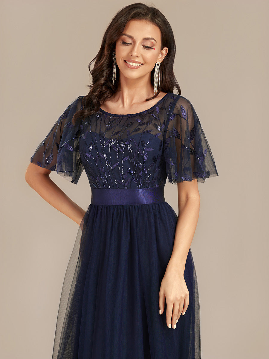 Color=Navy Blue | Bulk Order |Fit A-Line Deep V-Neck Evening Gown | Ruffled Short Sleeve Midi Dress-Navy Blue 18
