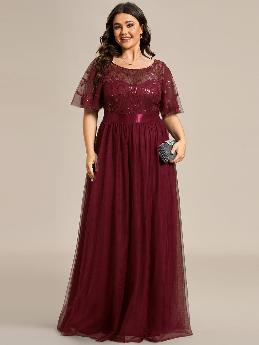Color=Burgundy | Factory Design Short Sleeve Ruffle Sequin A-Line Floor Length Evening Dresses-Burgundy 6