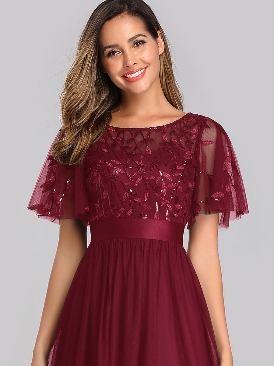 Color=Burgundy | Factory Design Short Sleeve Ruffle Sequin A-Line Floor Length Evening Dresses-Burgundy 3