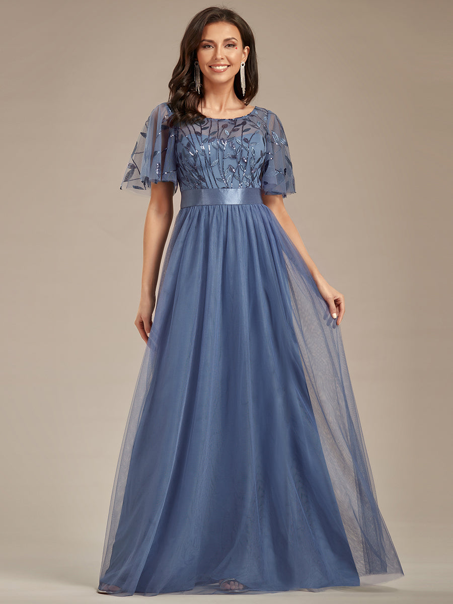Color=Dusty blue | Factory Design Short Sleeve Ruffle Sequin A-Line Floor Length Evening Dresses-Dusty blue 1