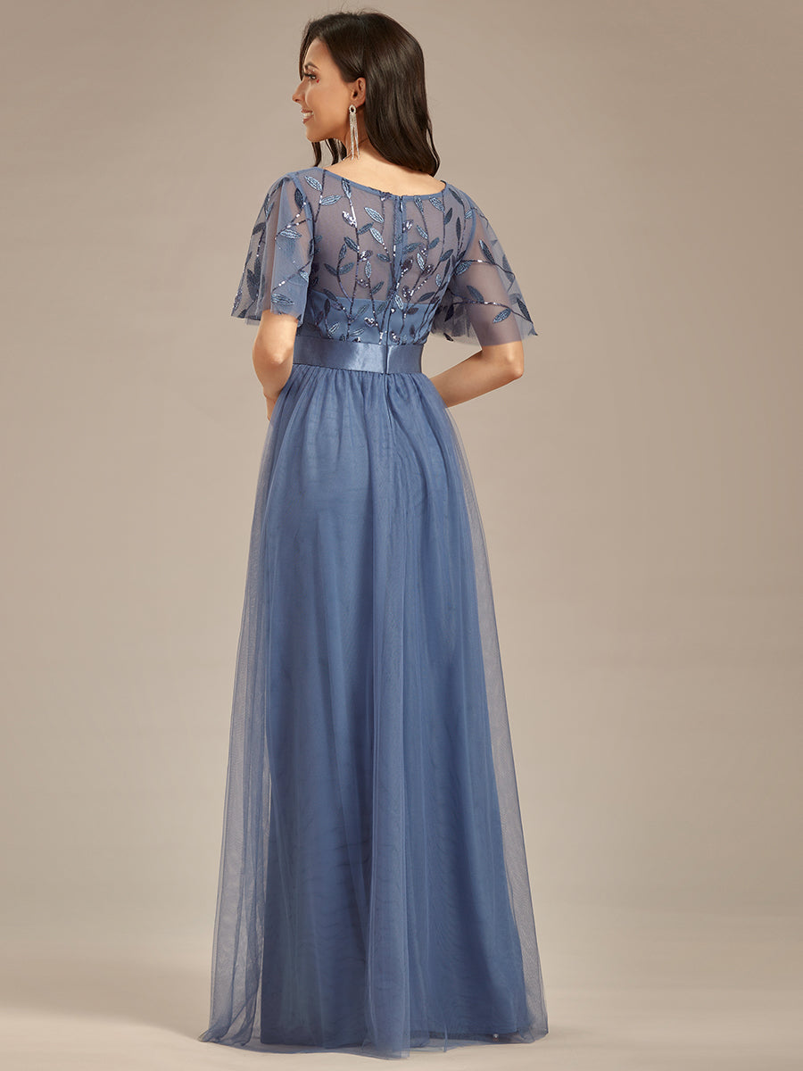 Color=Dusty blue | Factory Design Short Sleeve Ruffle Sequin A-Line Floor Length Evening Dresses-Dusty blue 3
