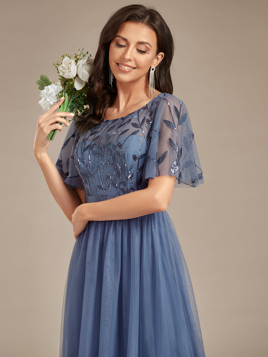 Color=Dusty blue | Factory Design Short Sleeve Ruffle Sequin A-Line Floor Length Evening Dresses-Dusty blue 6