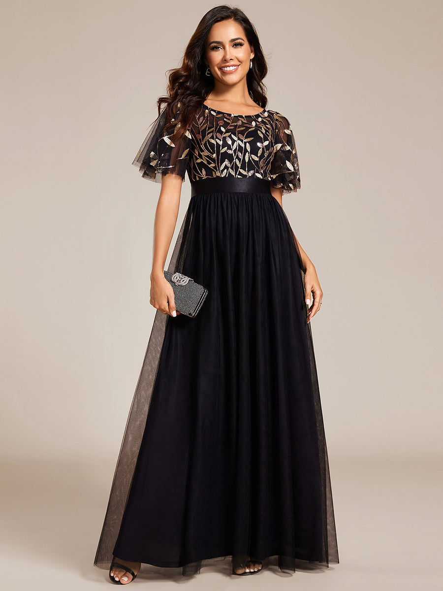 Color=Black Gold | Factory Design Short Sleeve Ruffle Sequin A-Line Floor Length Evening Dresses-Black Gold 1